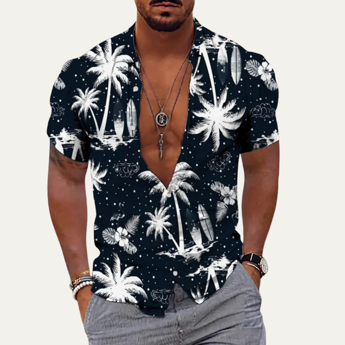 Eli | Men's Hawaiian Shirt Navy Palm Print Short Sleeve