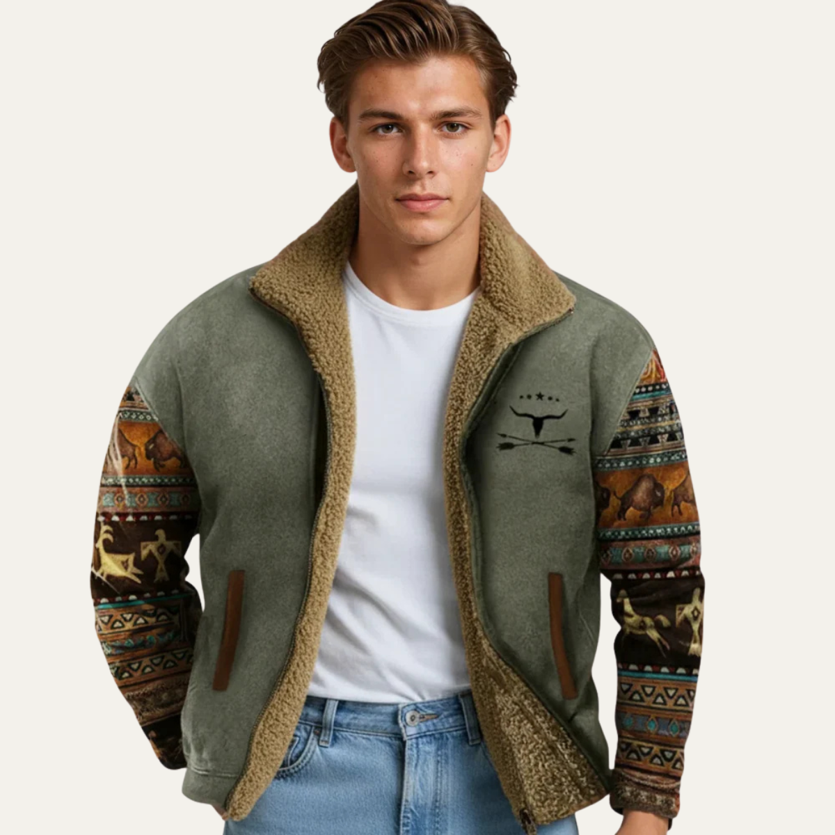 Axel | Men's Boho Fleece Jacket Gray Ethnic Pattern Sherpa Lined