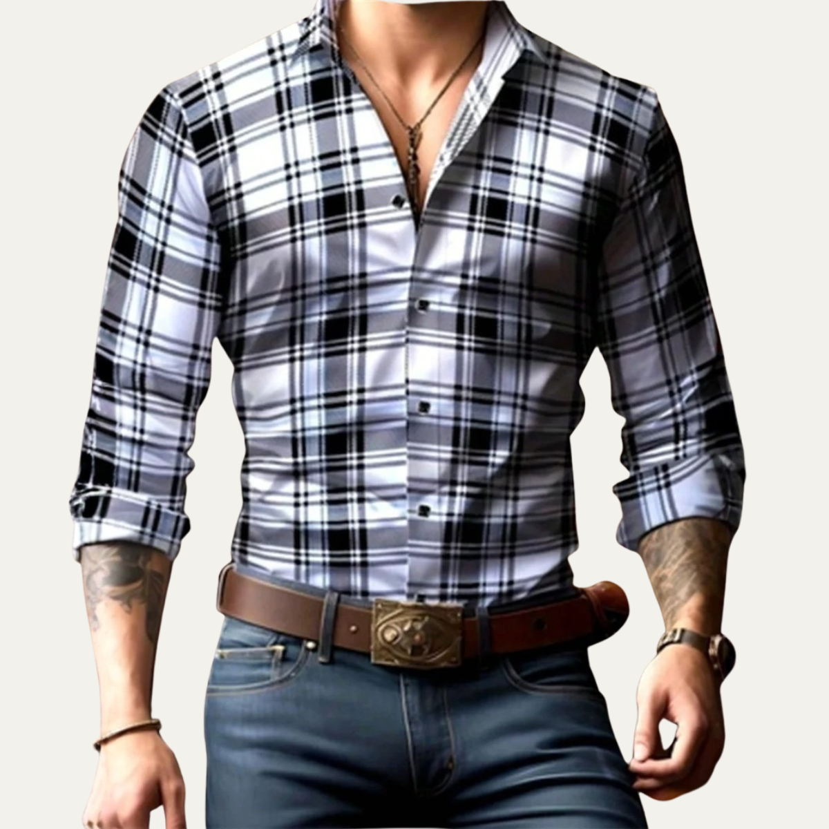 Beau | Men's Plaid Button Up Shirt Navy White Black
