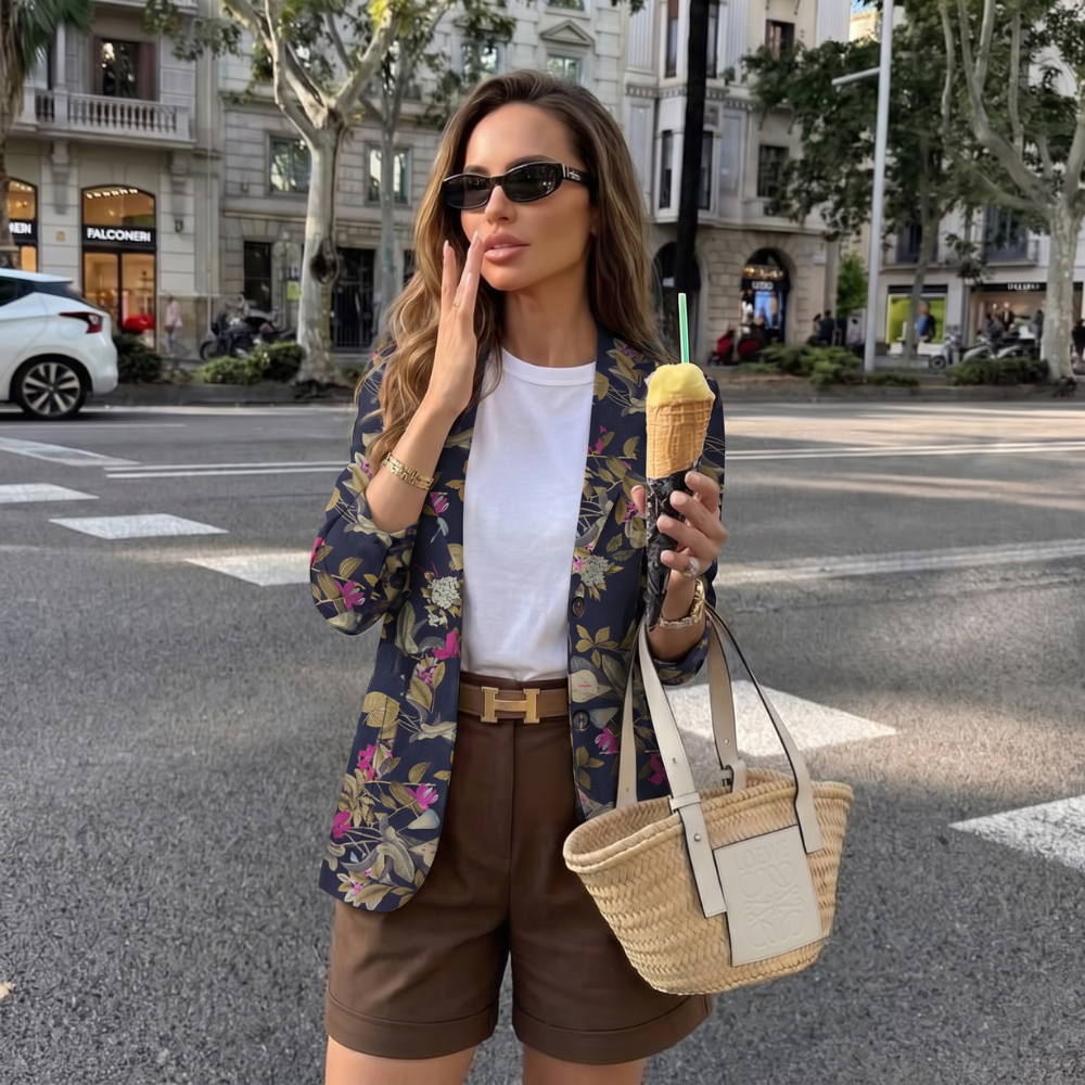 Greta | Women's Floral Print Blazer Navy White Long Sleeve