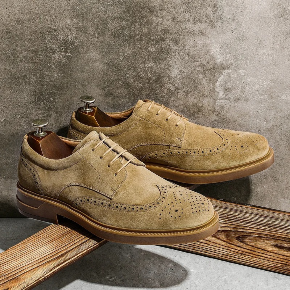 Ezra | Men's Suede Wingtip Oxford Beige Dress Shoe