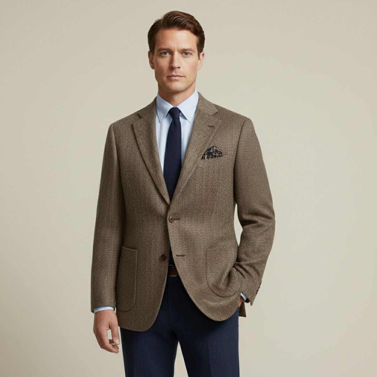 Evan | Men's Navy Herringbone Wool Blazer Single Breasted