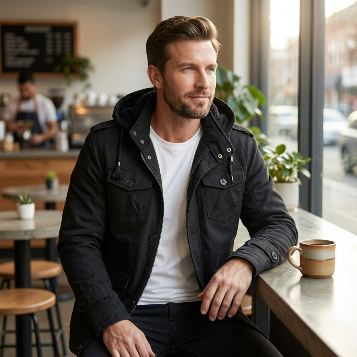 Luca | Men's Utility Jacket Khaki Fleece Lined Hooded