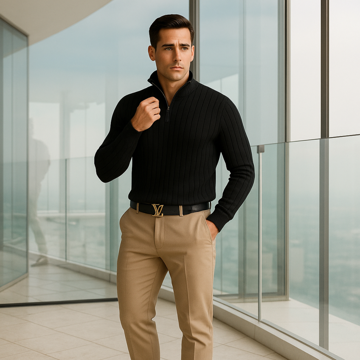 Axel | Men's Ribbed Quarter Zip Sweater Navy Gold Zipper