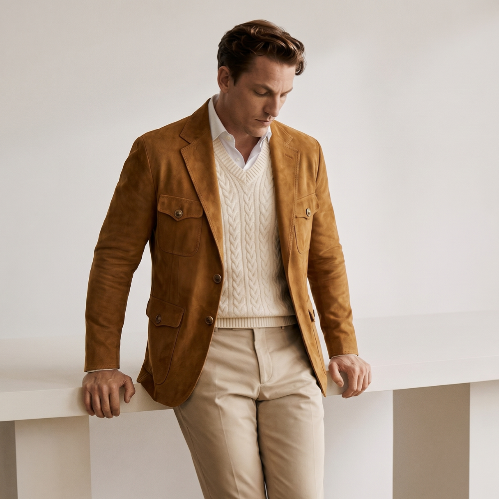 Dama Washington Rhys men's casual suede blazer tan with chest pockets - view 4