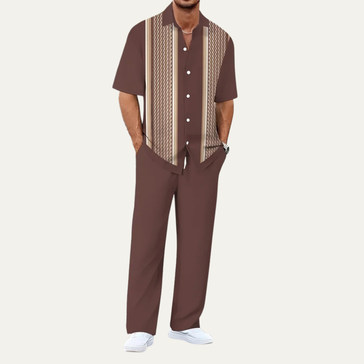 Omar | Men's Casual Striped Button Up Shirt Brown Short Sleeve