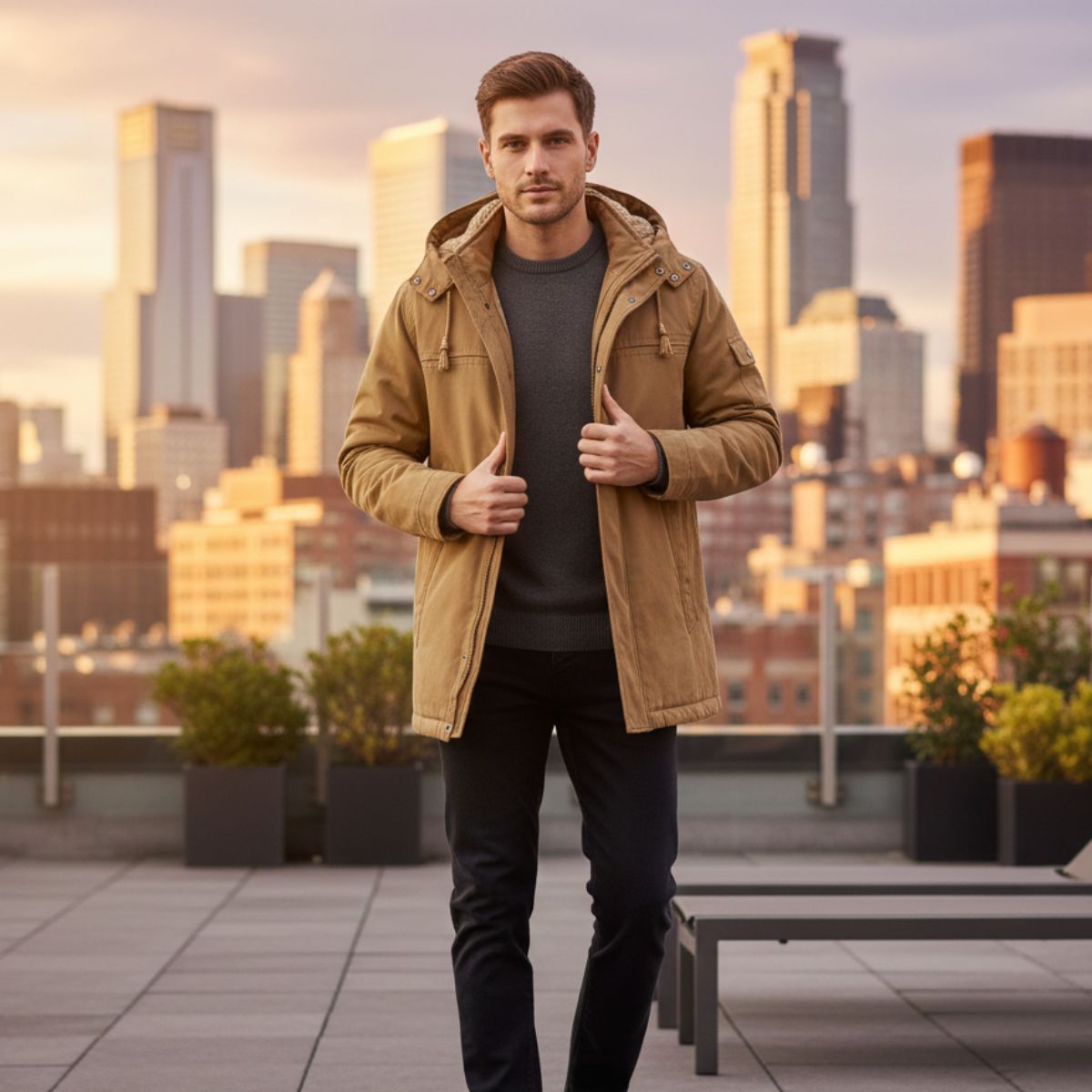 Callum | Men's Utility Parka Jacket Black Sherpa Lined Hood