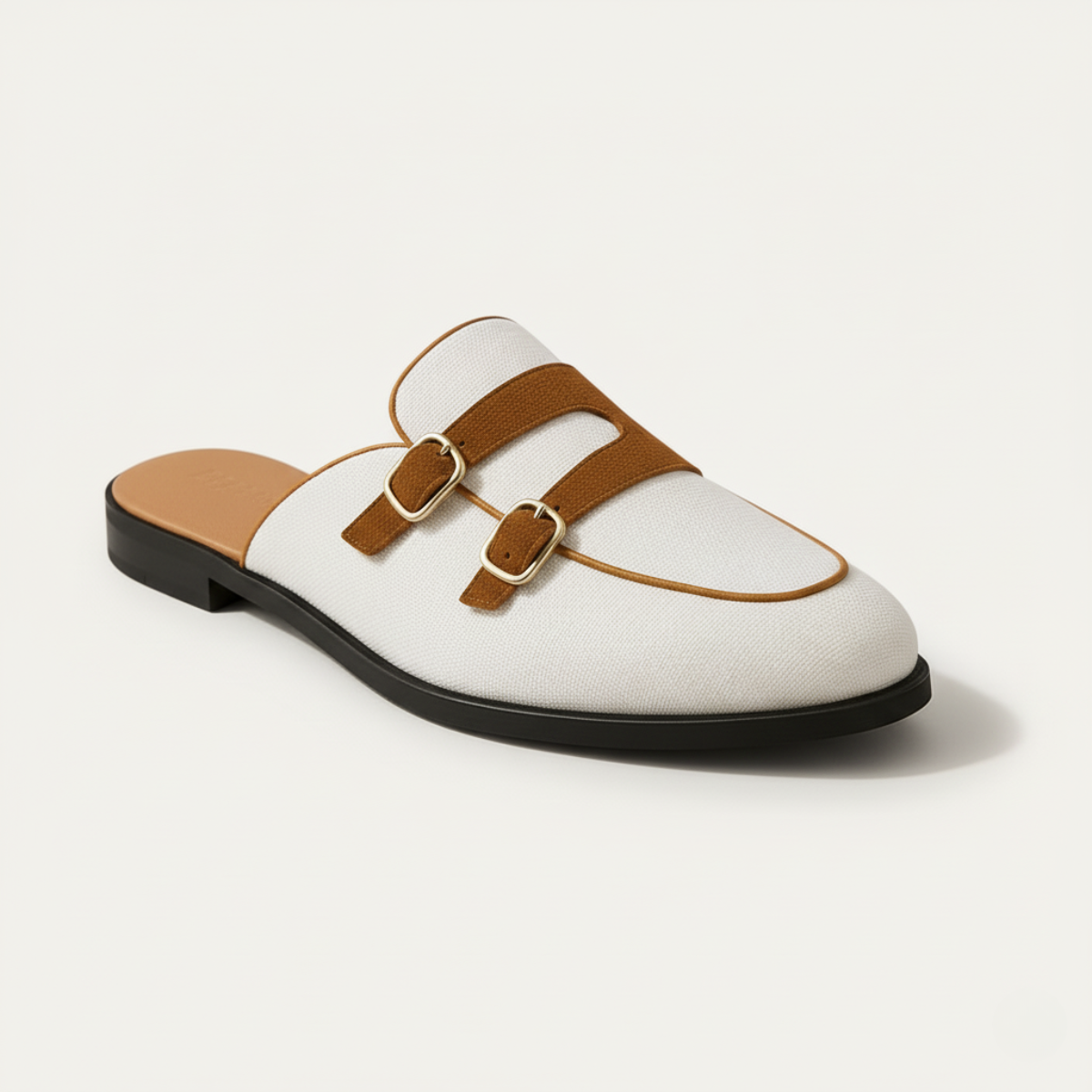 Marco | Men's Slip On Loafer White Canvas Brown Buckle