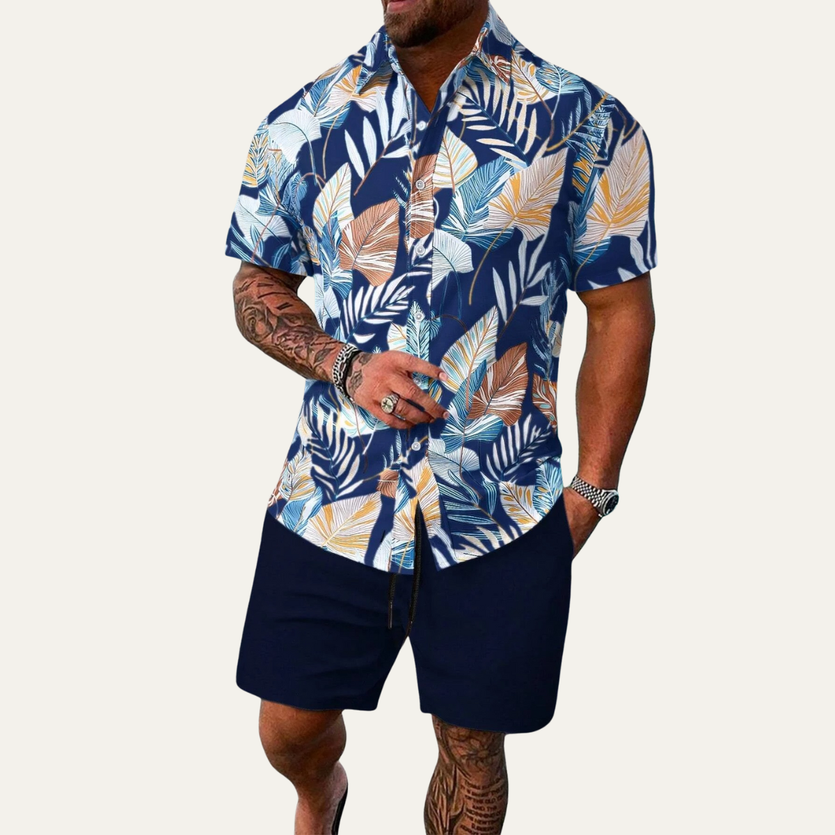 Jayden | Men's Hawaiian Shirt Navy Tropical Leaf Print Short Sleeve