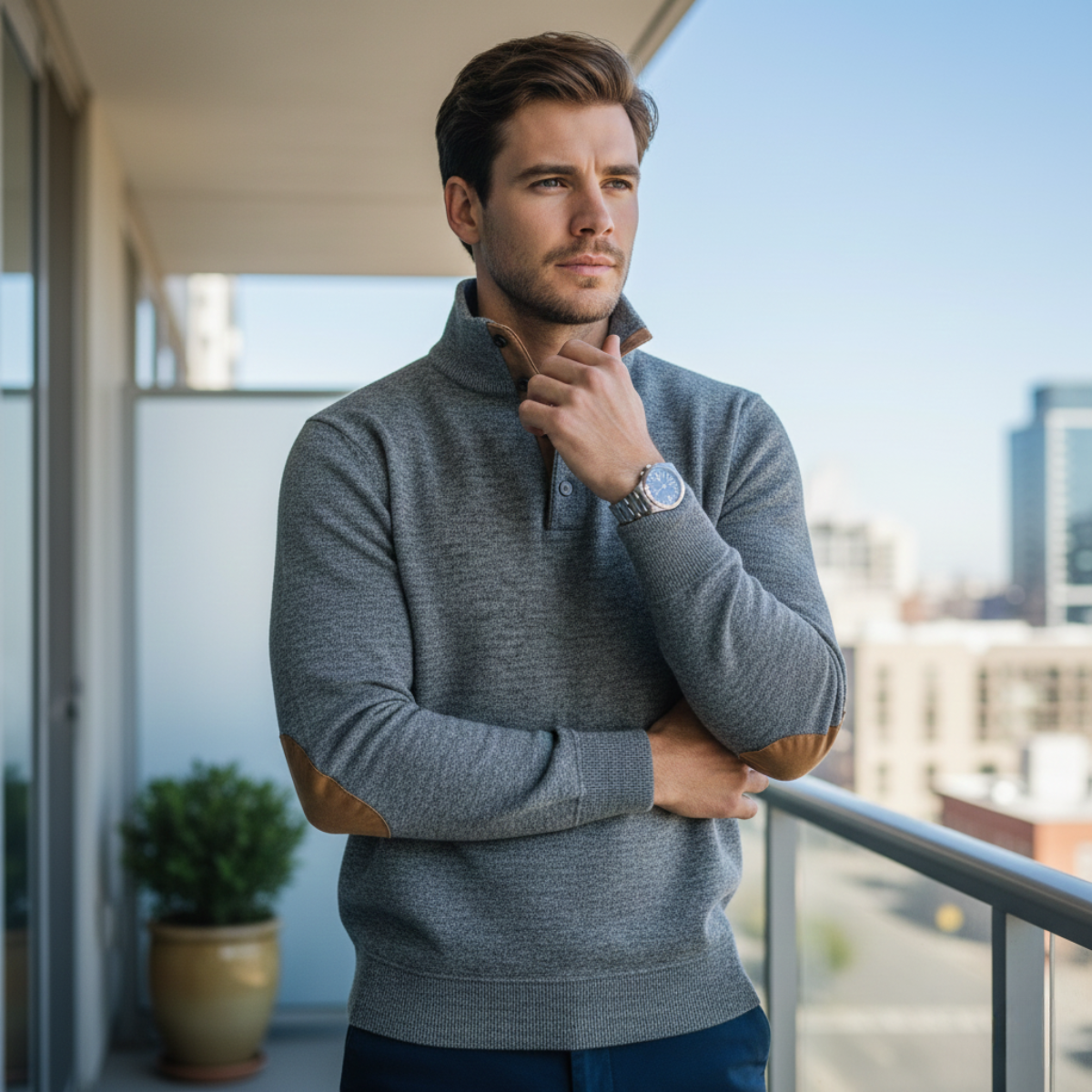 Bram | Men's Quarter Zip Sweater Burgundy Elbow Patch