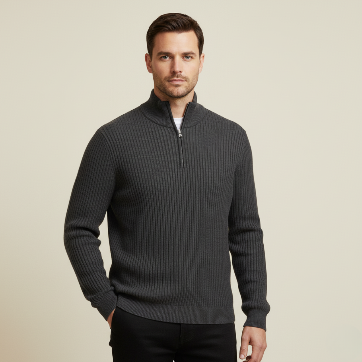 Wren | Men's Quarter Zip Sweater Black Ribbed Knit