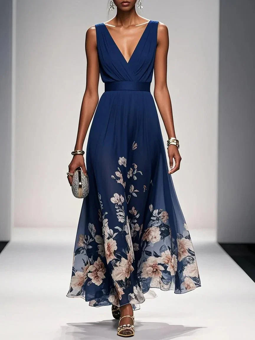 Thea | Women's Floral Chiffon Maxi Dress Light Blue V Neck