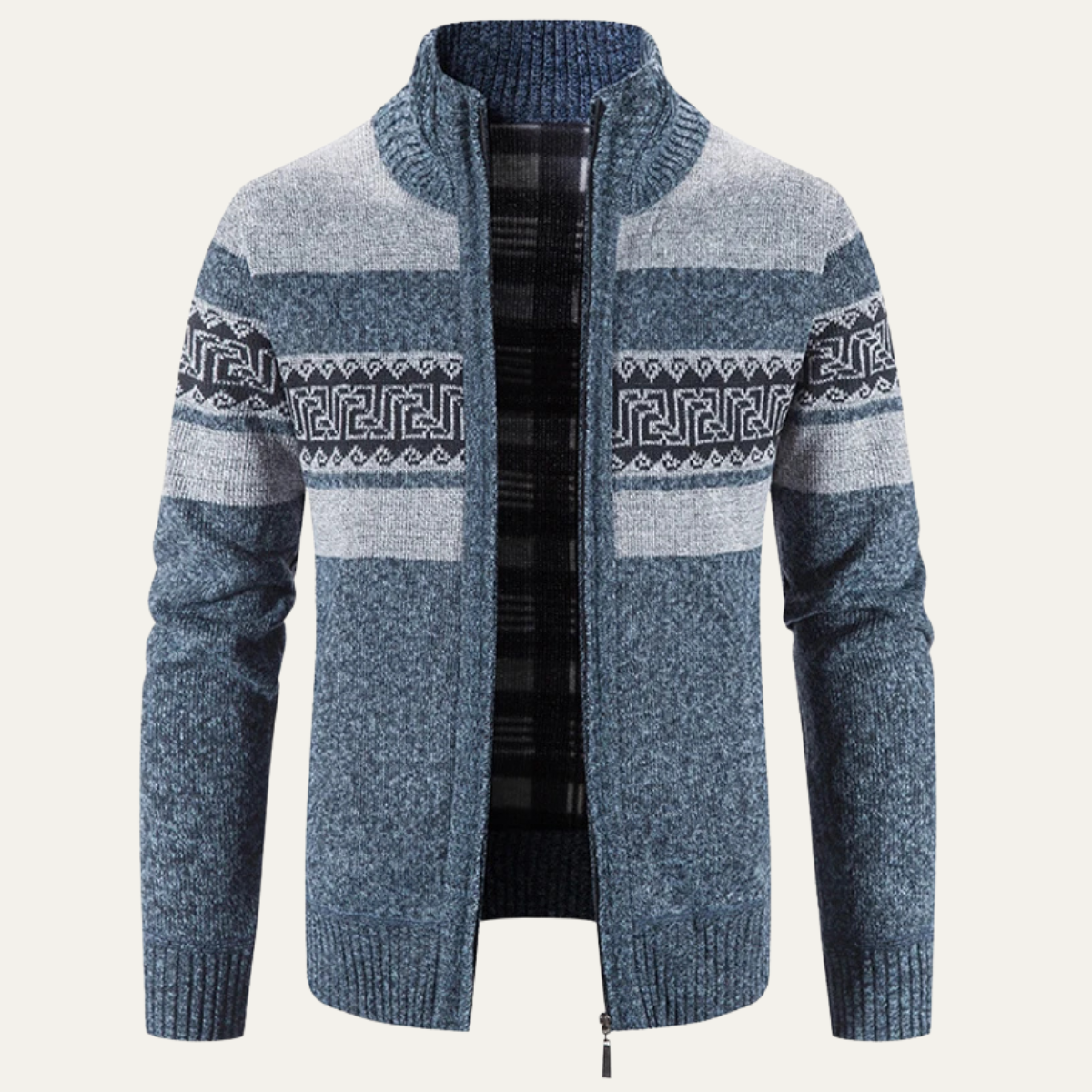 Ezra | Men's Cardigan Gray Striped Geometric Pattern Stand Collar