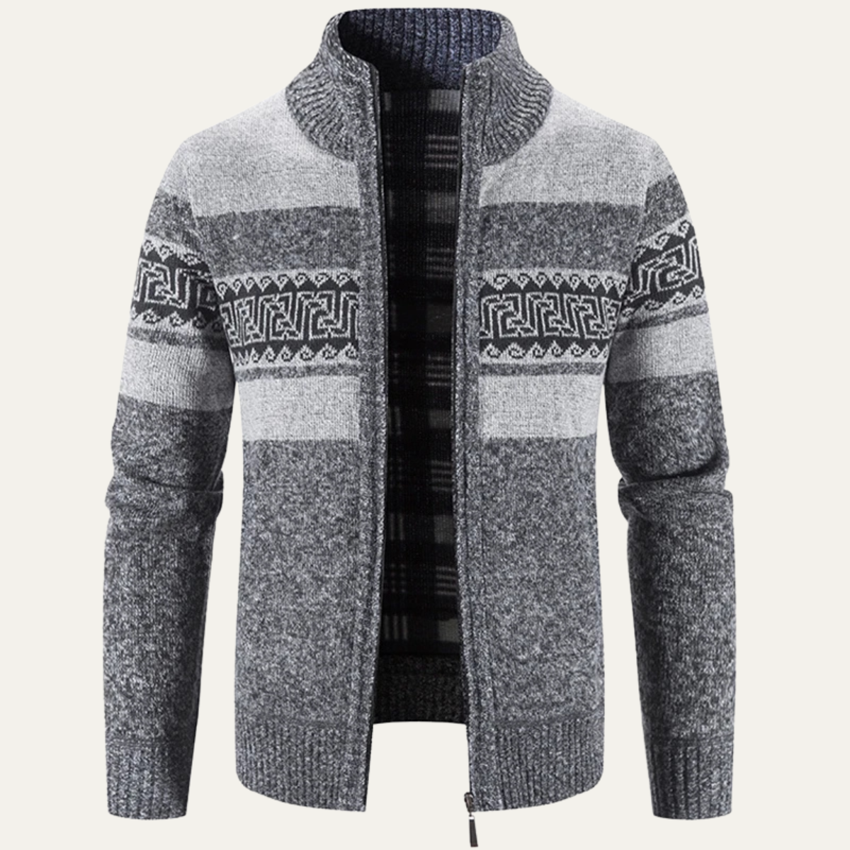 Ezra | Men's Cardigan Gray Striped Geometric Pattern Stand Collar
