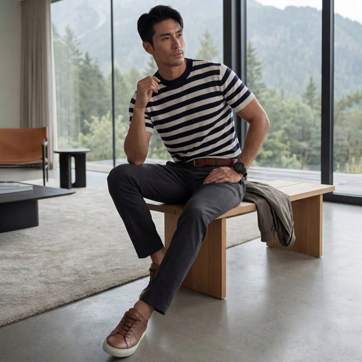 Sage | Men's Striped Crew Neck Sweater Navy White