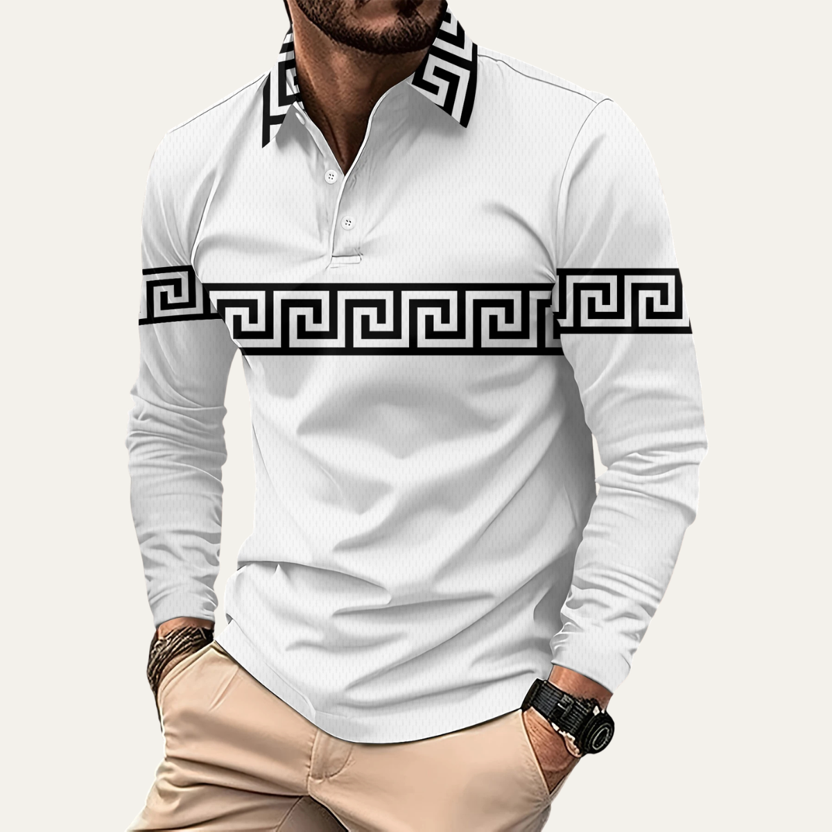 Kai | Men's Greek Key Polo Shirt White Long Sleeve