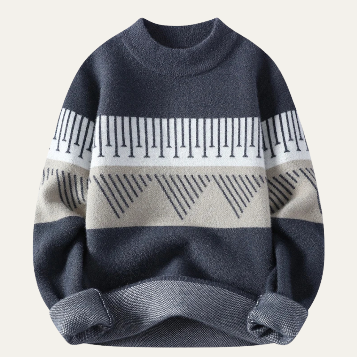 Blake | Men's Crew Neck Sweater Navy White Cream Striped Pattern