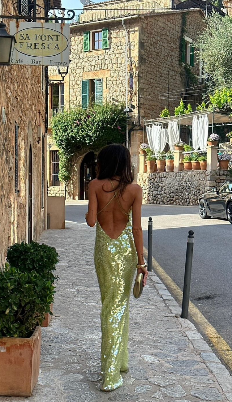 Paloma | Women's Sequin Maxi Dress Light Green Camisole Straps