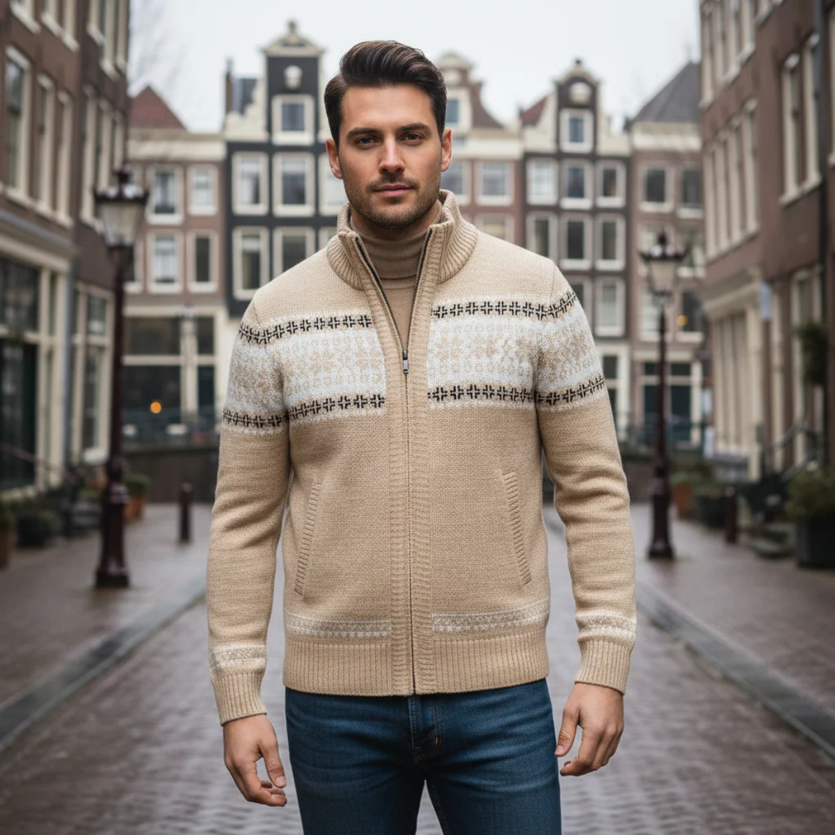 Beau | Men's Wool Blend Cardigan Gray Nordic Pattern Zip Up