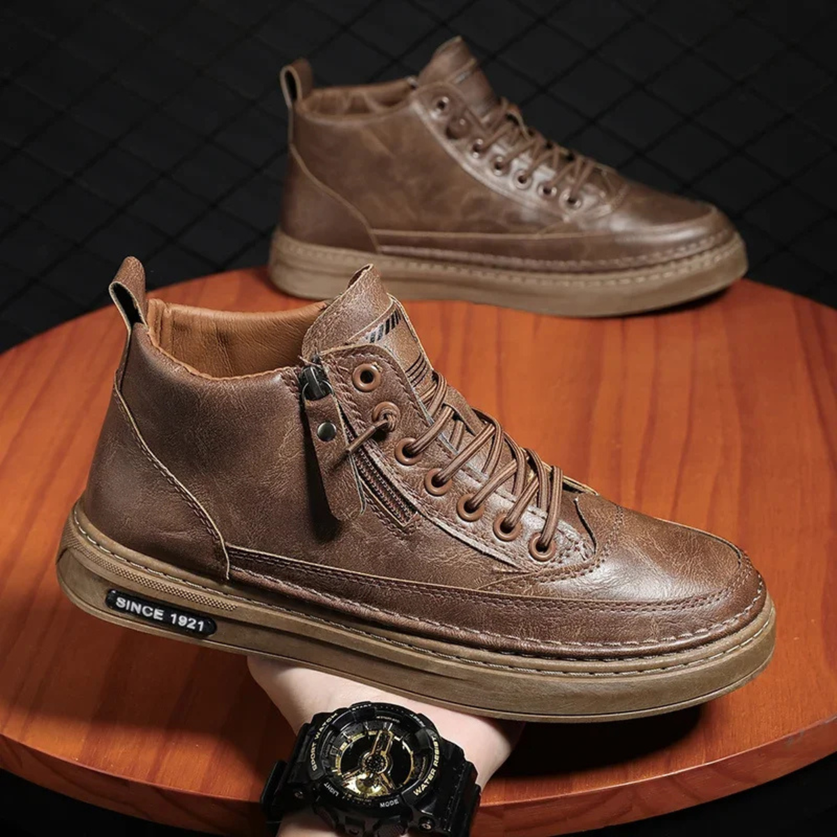 Axel | Men's Black Leather High Top Sneaker Side Zip