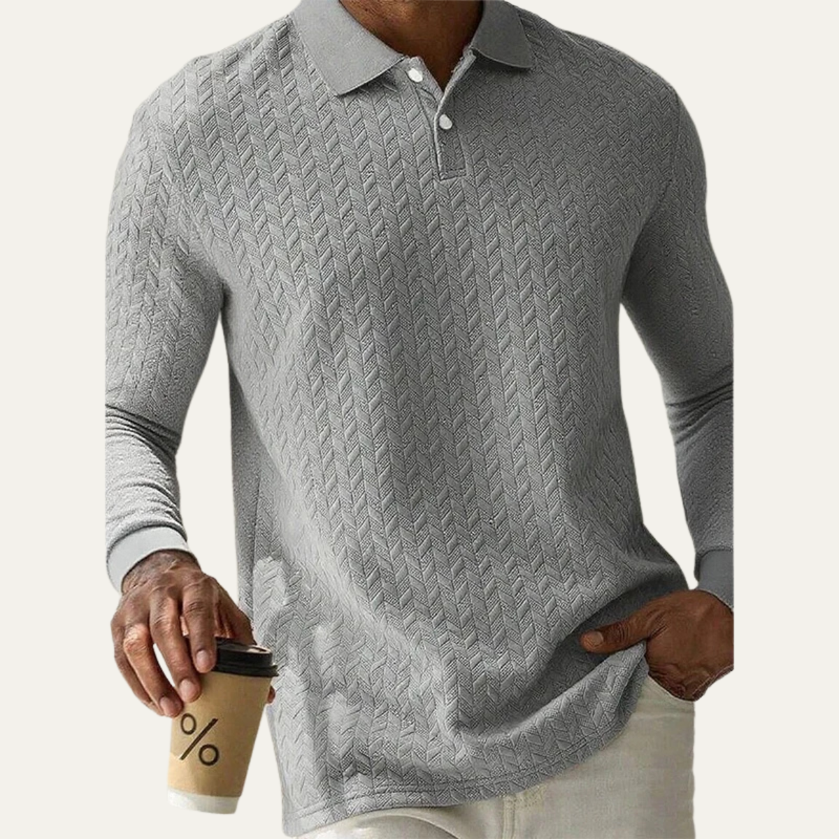 Beau | Men's Cable Knit Polo Sweater Gray Long Sleeve