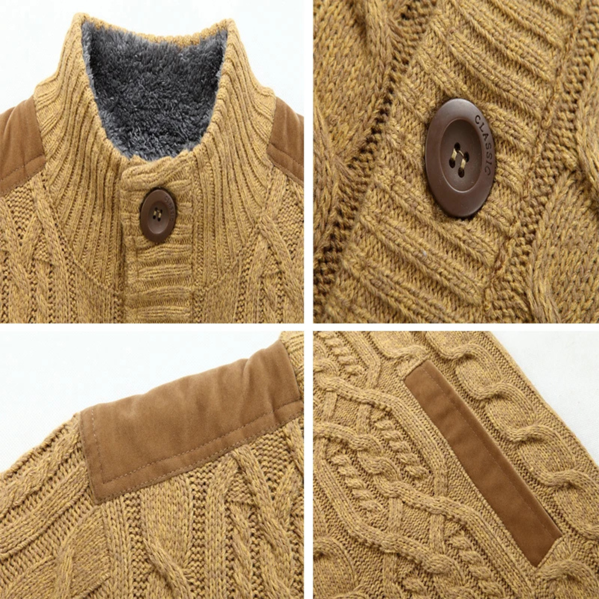Axel | Men's Cable Knit Cardigan Cream Fleece Lined Sherpa Collar
