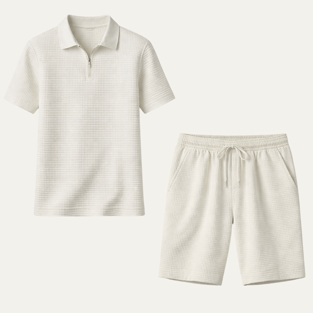 Blake | Men's Sweatsuit Waffle Knit Cream Polo Shorts Set