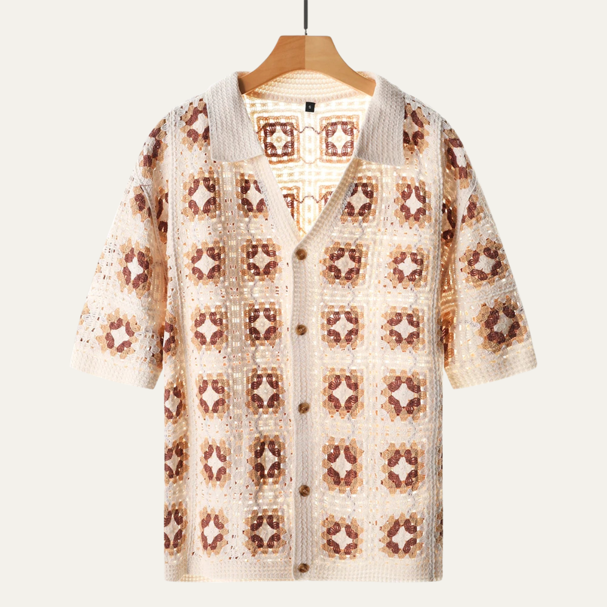 Axel | Men's Boho Crochet Cardigan Cream Brown Geometric Pattern