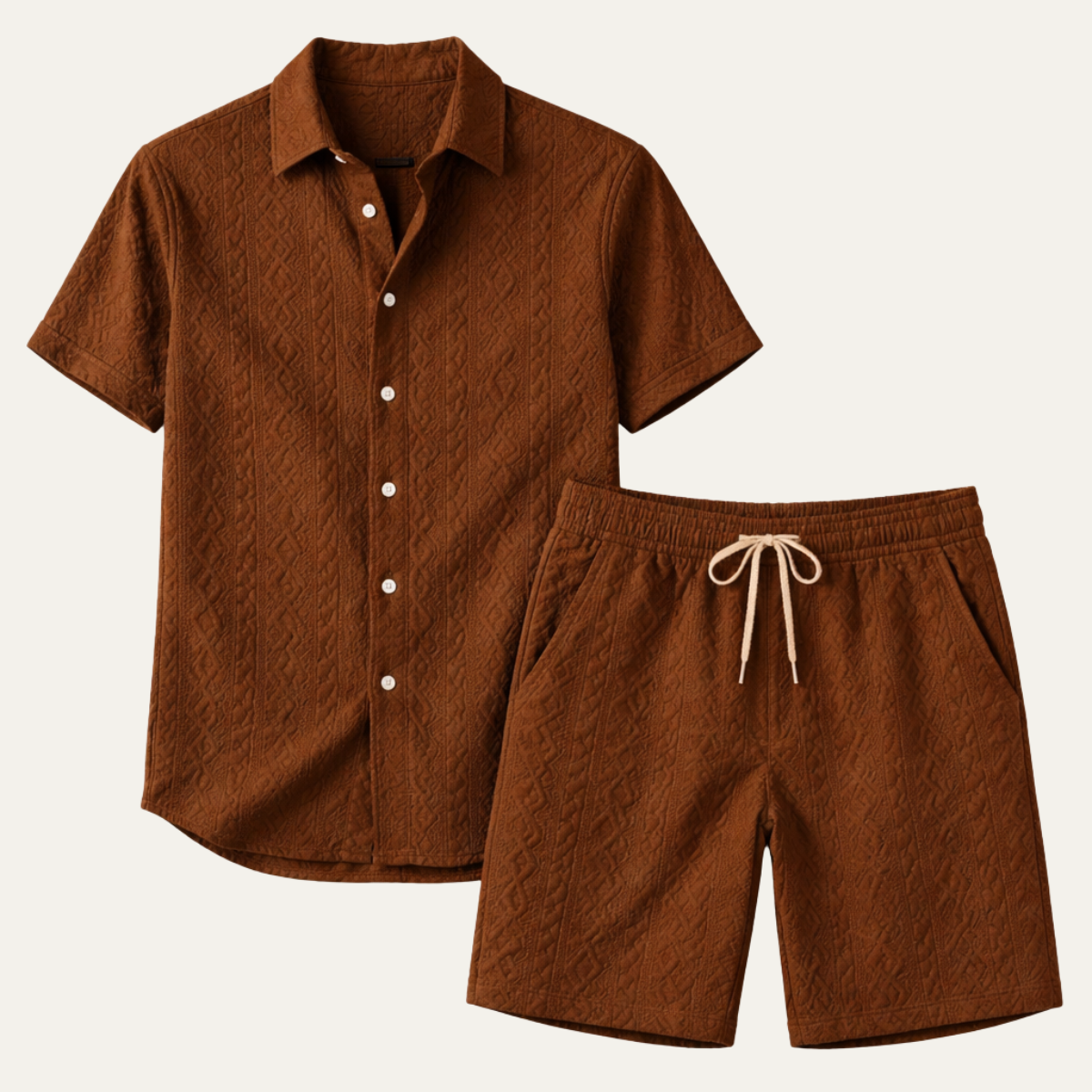 Ives | Men's Cable Knit Button Up Shirt Brown Short Sleeve