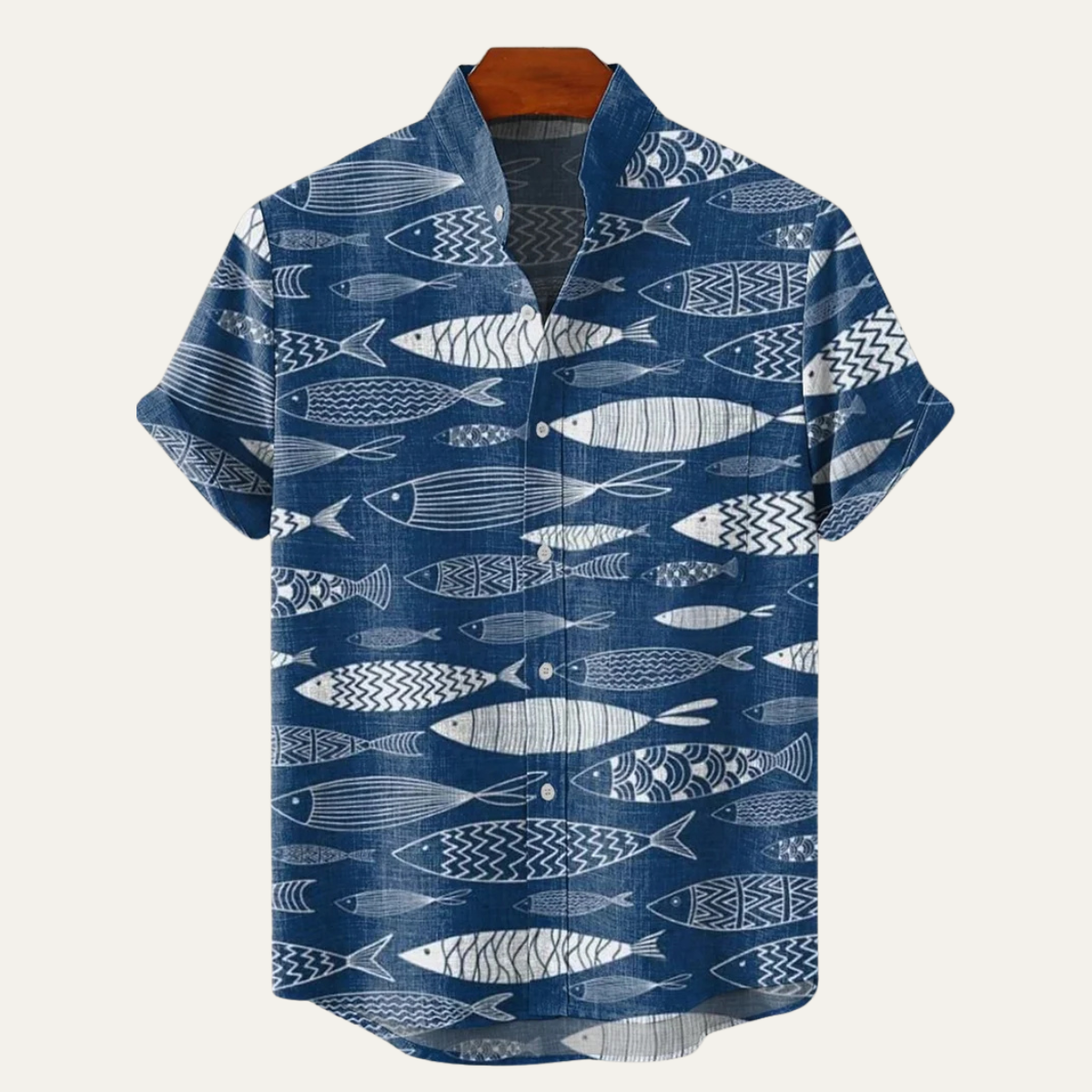Rhys | Men's Hawaiian Shirt Navy Fish Print Camp Collar Short Sleeve