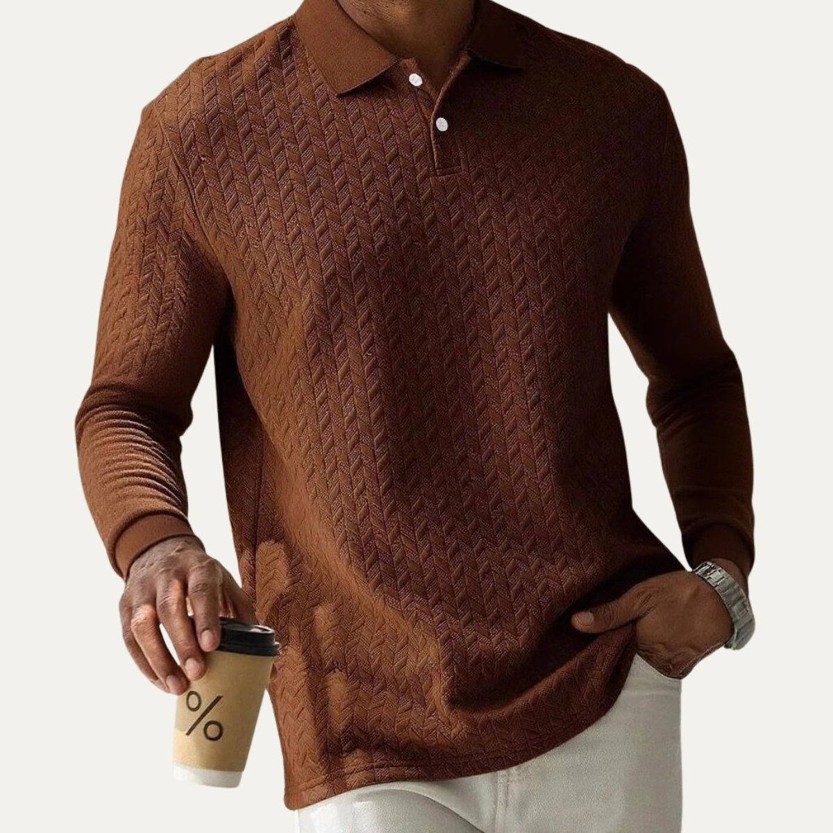 Bram | Men's Cable Knit Polo Sweater Brown