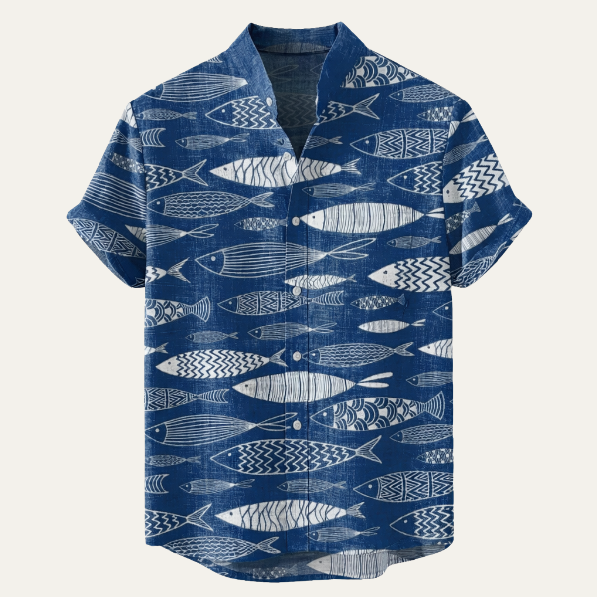 Rhys | Men's Hawaiian Shirt Navy Fish Print Camp Collar Short Sleeve
