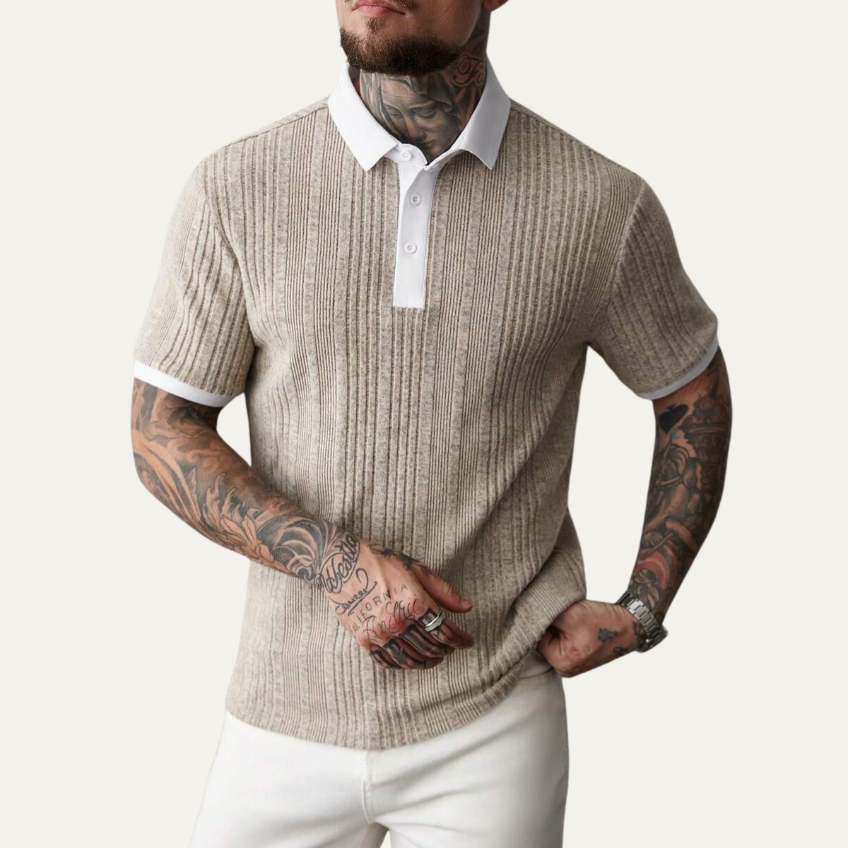 Wade | Men's Ribbed Knit Polo Shirt Cream White Collar