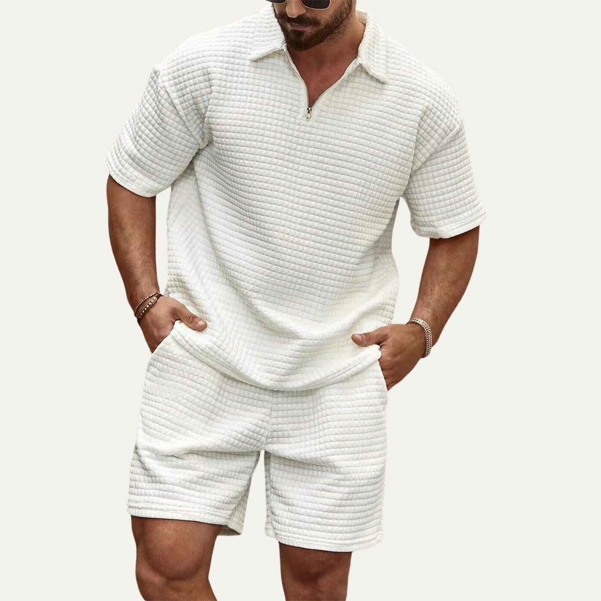 Blake | Men's Sweatsuit Waffle Knit Cream Polo Shorts Set
