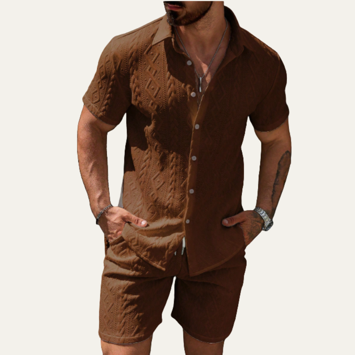 Ives | Men's Cable Knit Button Up Shirt Brown Short Sleeve