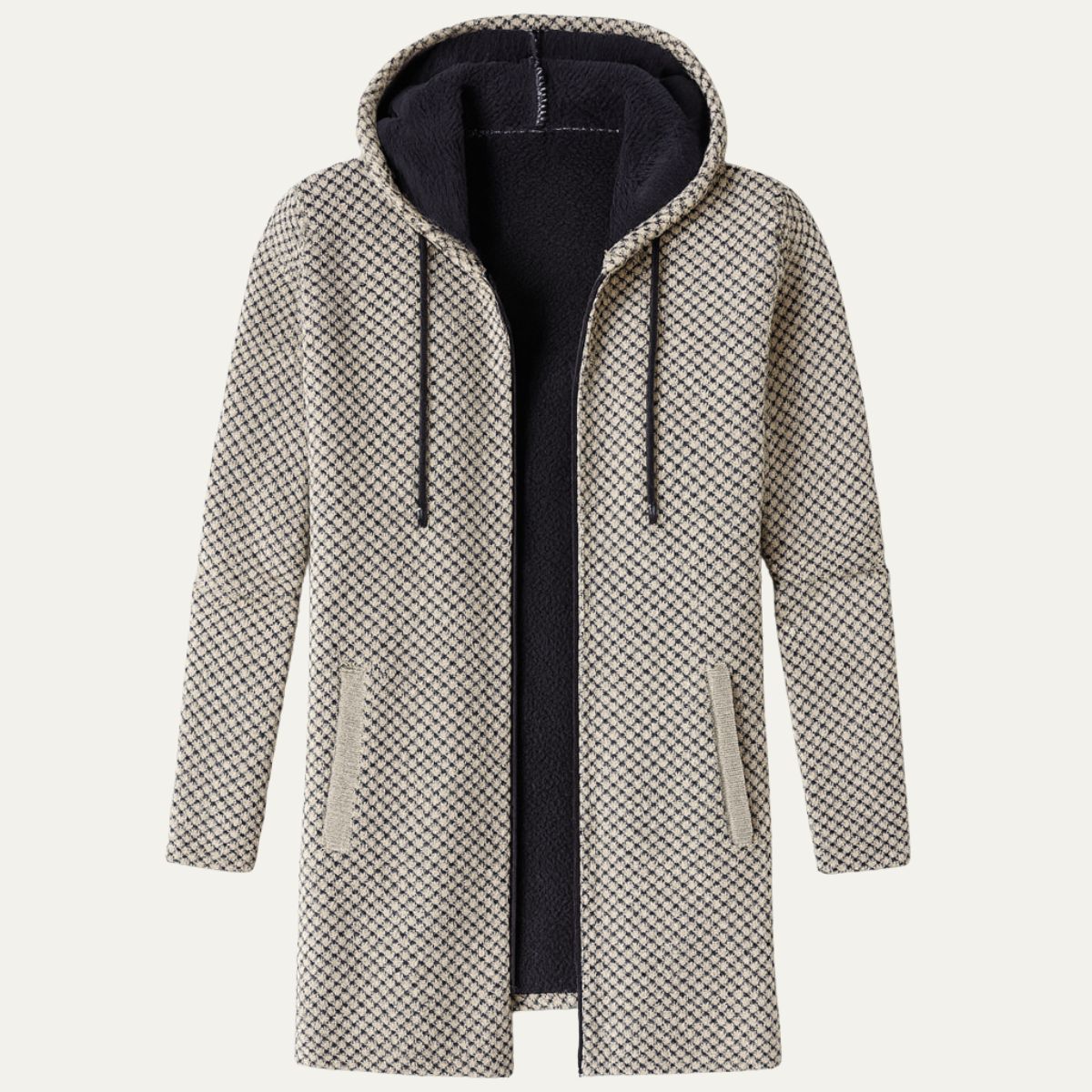 Ezra | Men's Houndstooth Zip Up Hooded Cardigan Cream Black
