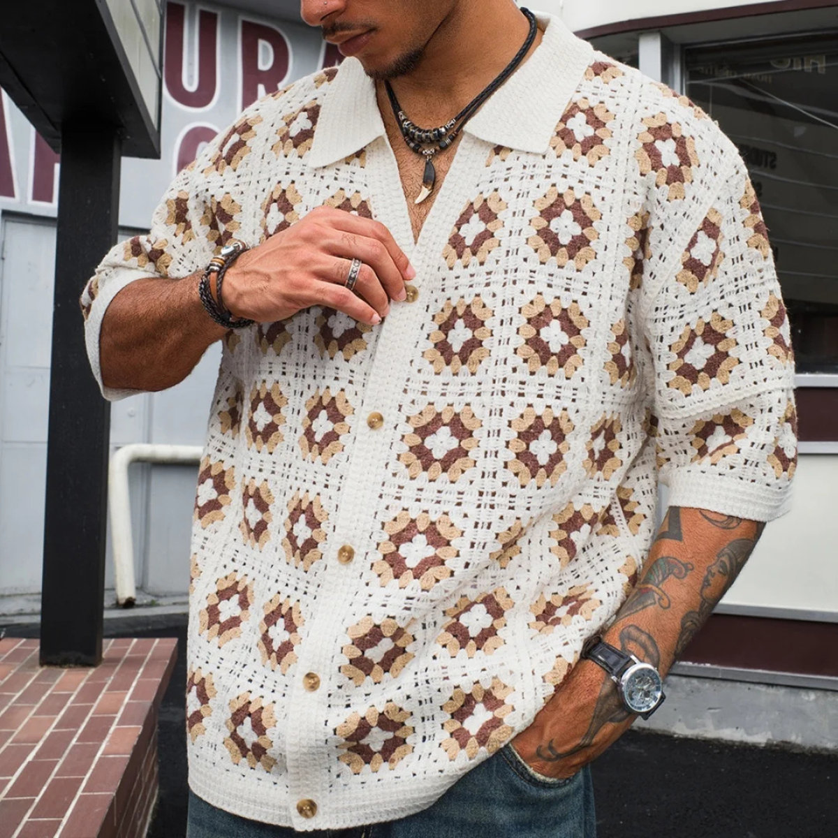 Axel | Men's Boho Crochet Cardigan Cream Brown Geometric Pattern