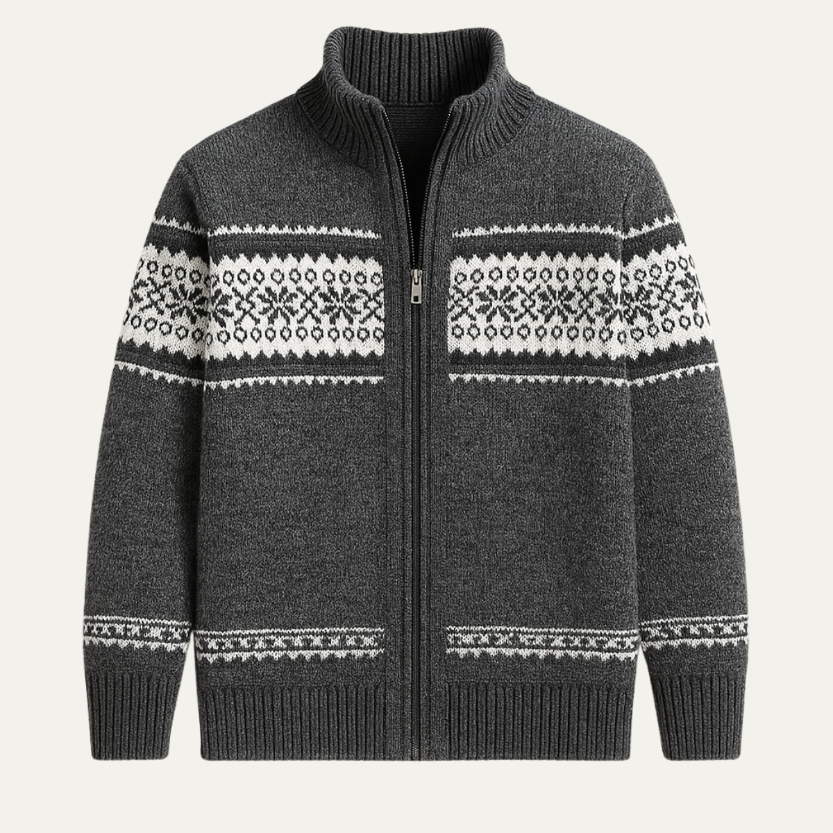 Beau | Men's Wool Blend Cardigan Gray Nordic Pattern Zip Up