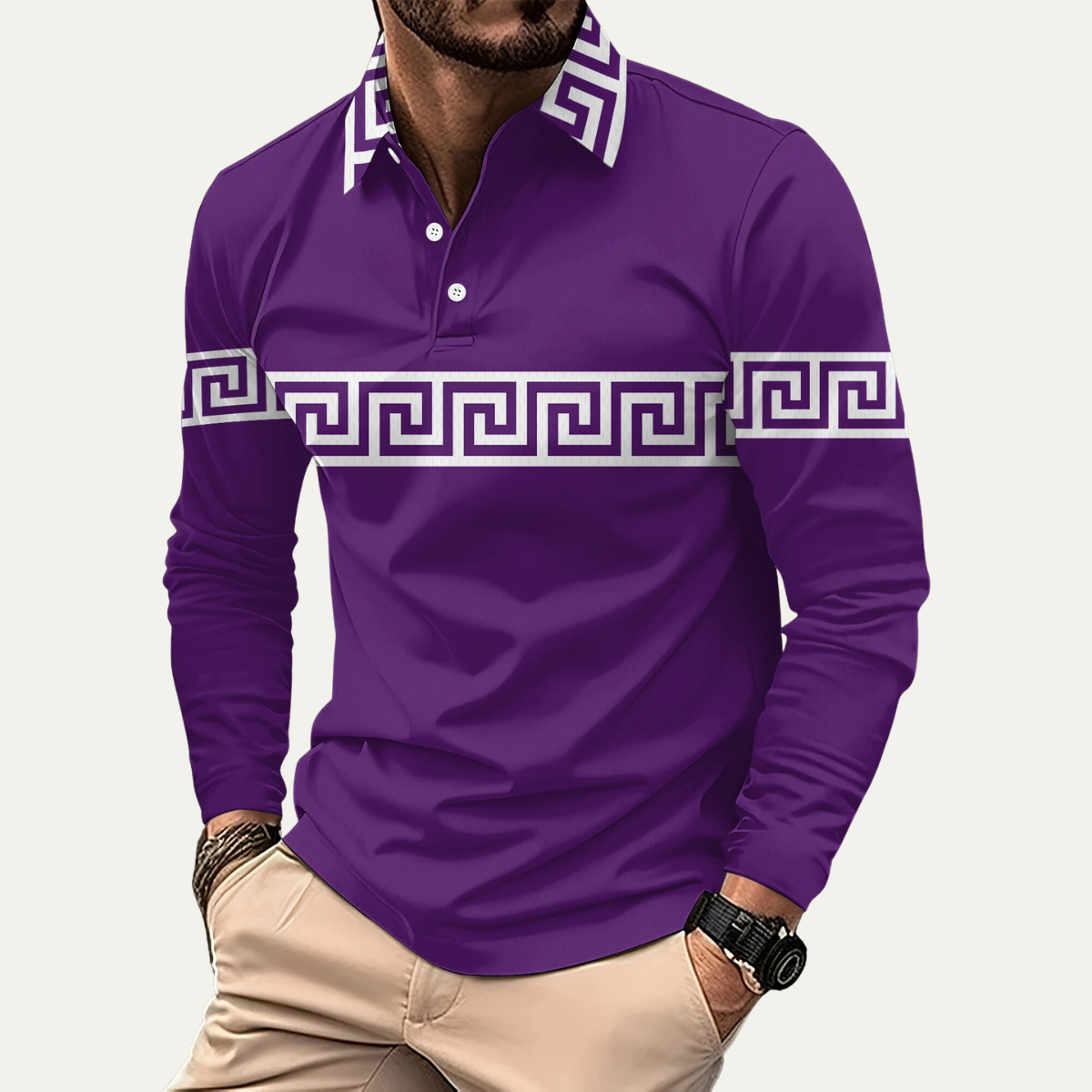 Kai | Men's Greek Key Polo Shirt White Long Sleeve