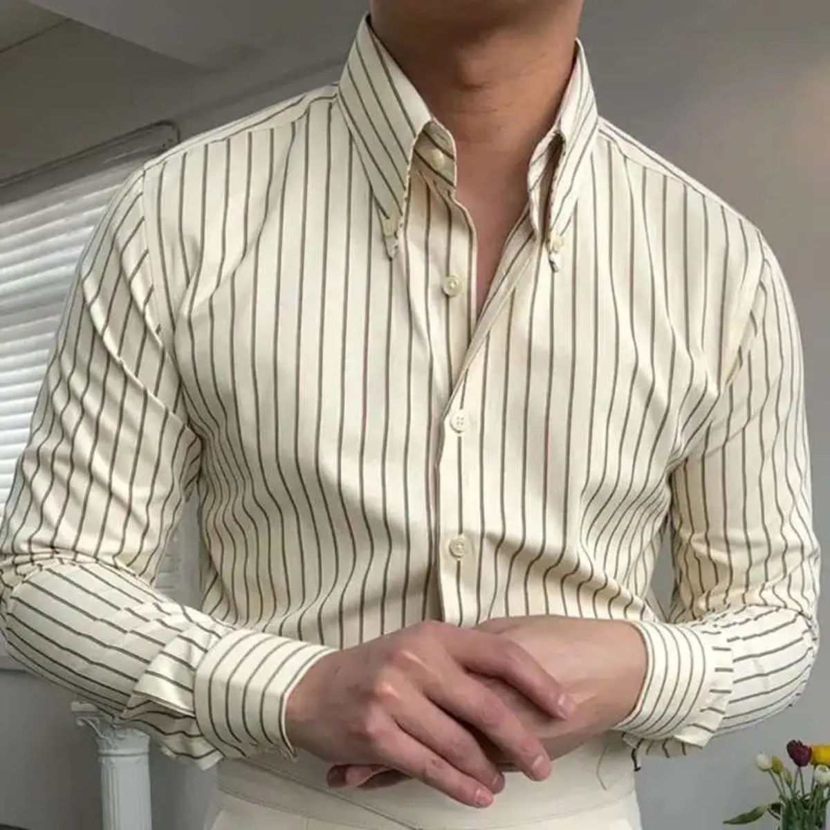 Beau | Men's Button Up Shirt Cream Striped Long Sleeve