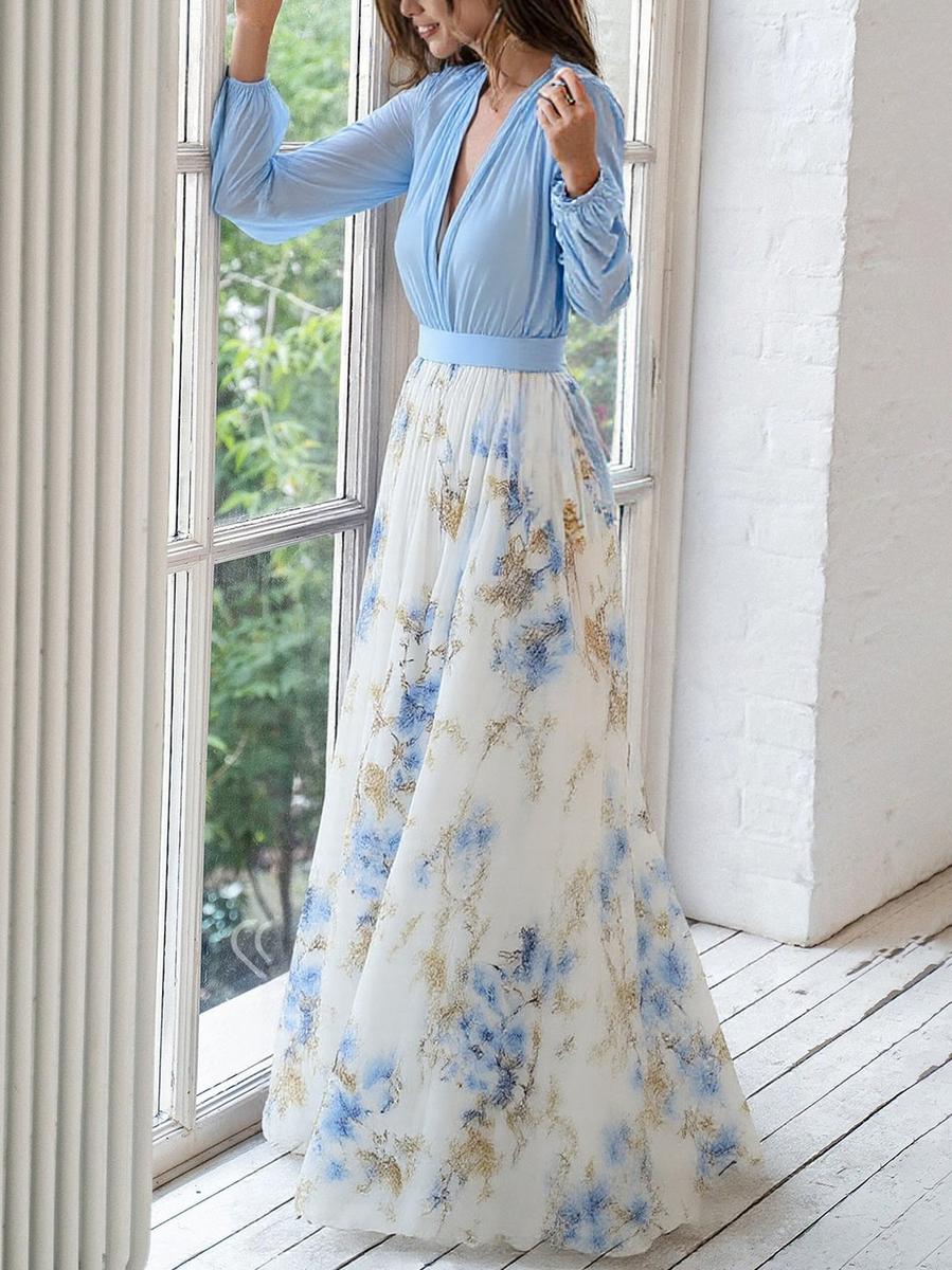 Elise | Women's Floral Maxi Dress Light Blue Long Sleeve