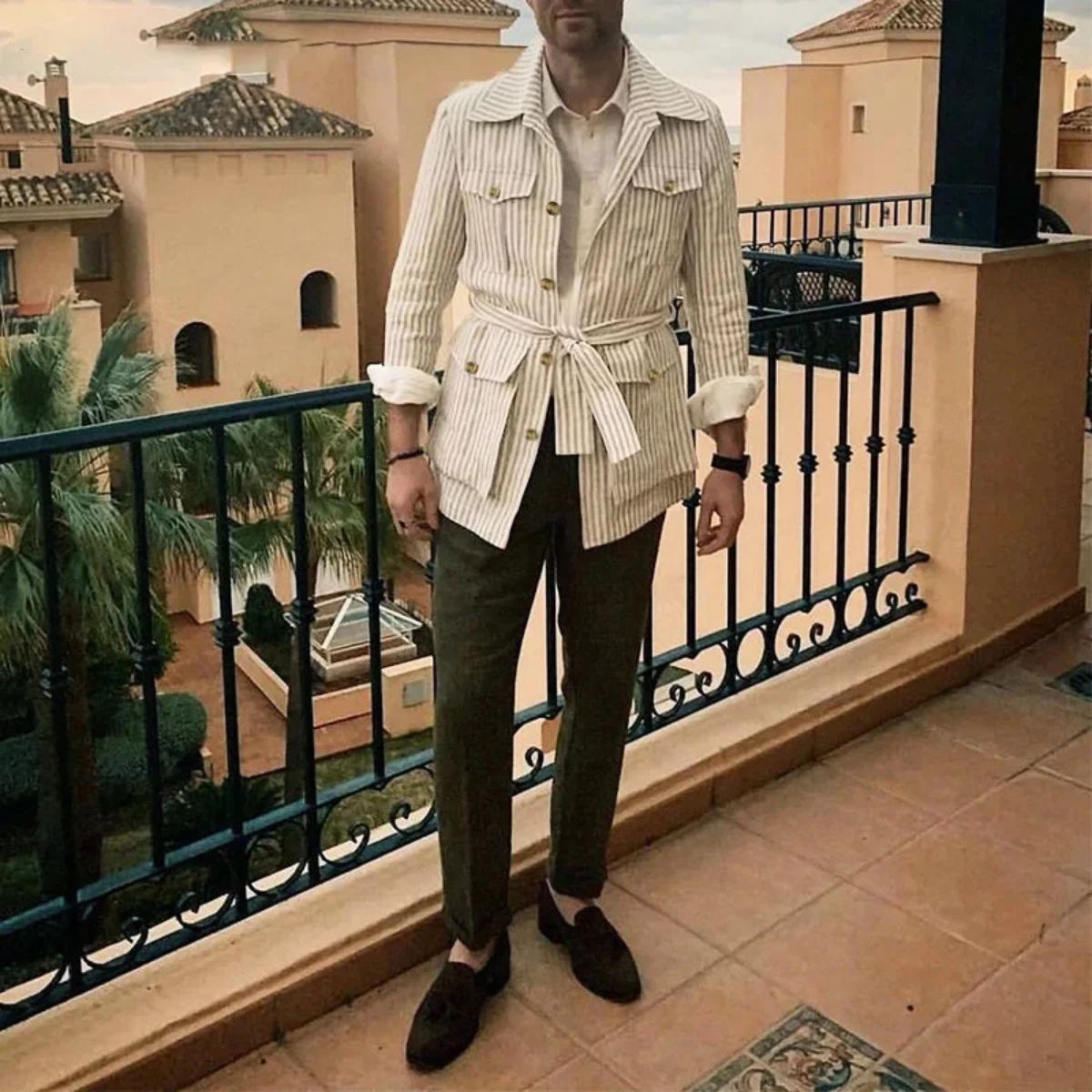 Kai | Men's Casual Striped Linen Shirt Cream Long Sleeve