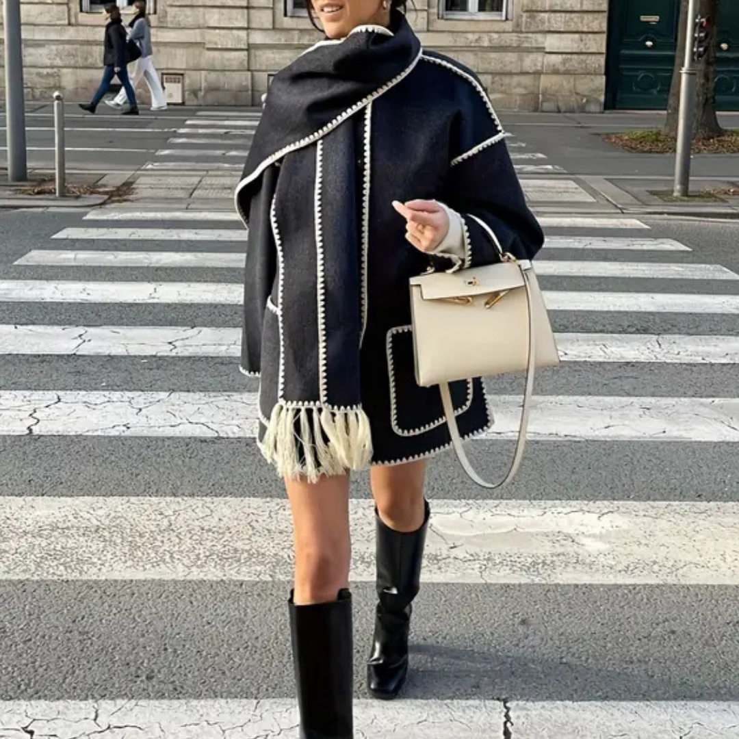 Sable | Women's Wool Coat Cream Black Trim Pocket Detail