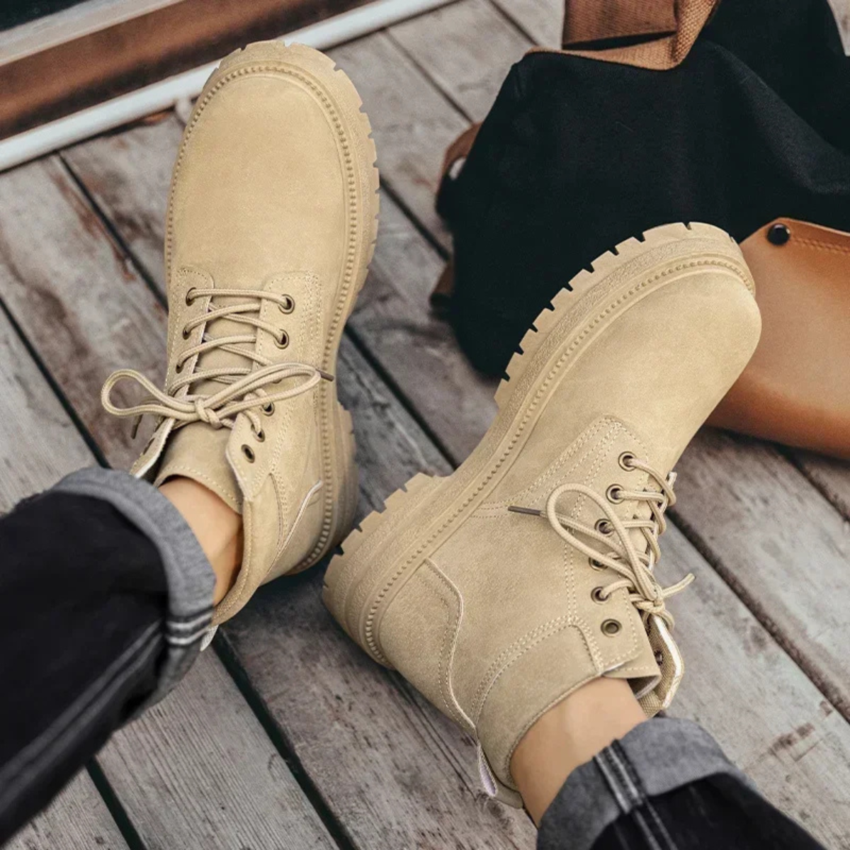Axel | Men's Lace Up Suede Ankle Boots Cream Lug Sole