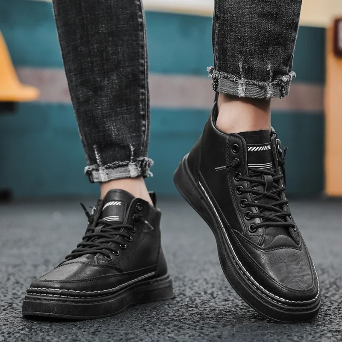 Axel | Men's Black Leather High Top Sneaker Side Zip