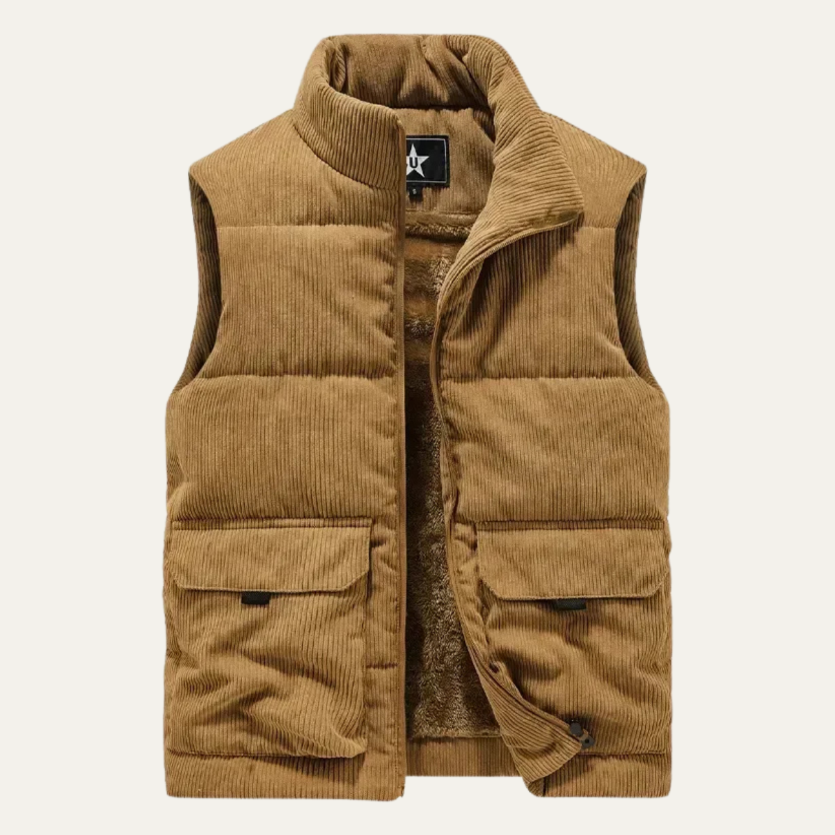 Freya | Men's Padded Puffer Vest Camel Cargo Pockets