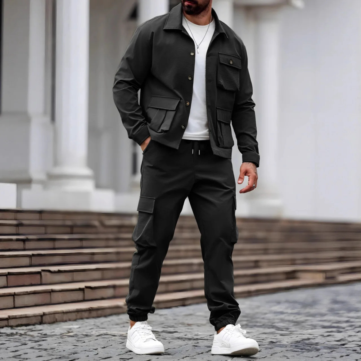 Callum | Men's Streetwear Utility Cargo Set Khaki