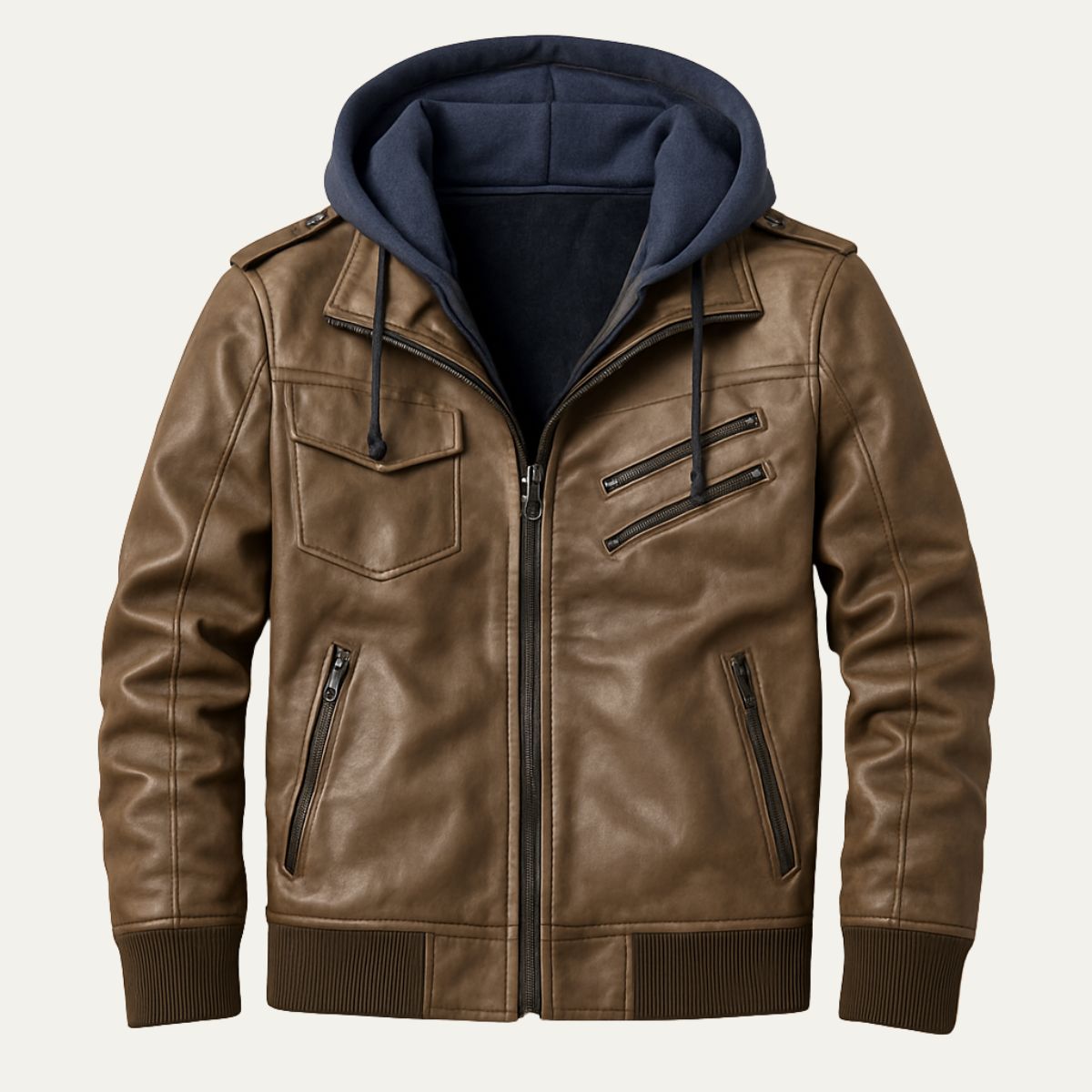 Axel | Men's Leather Bomber Jacket Brown Hooded Zip Up