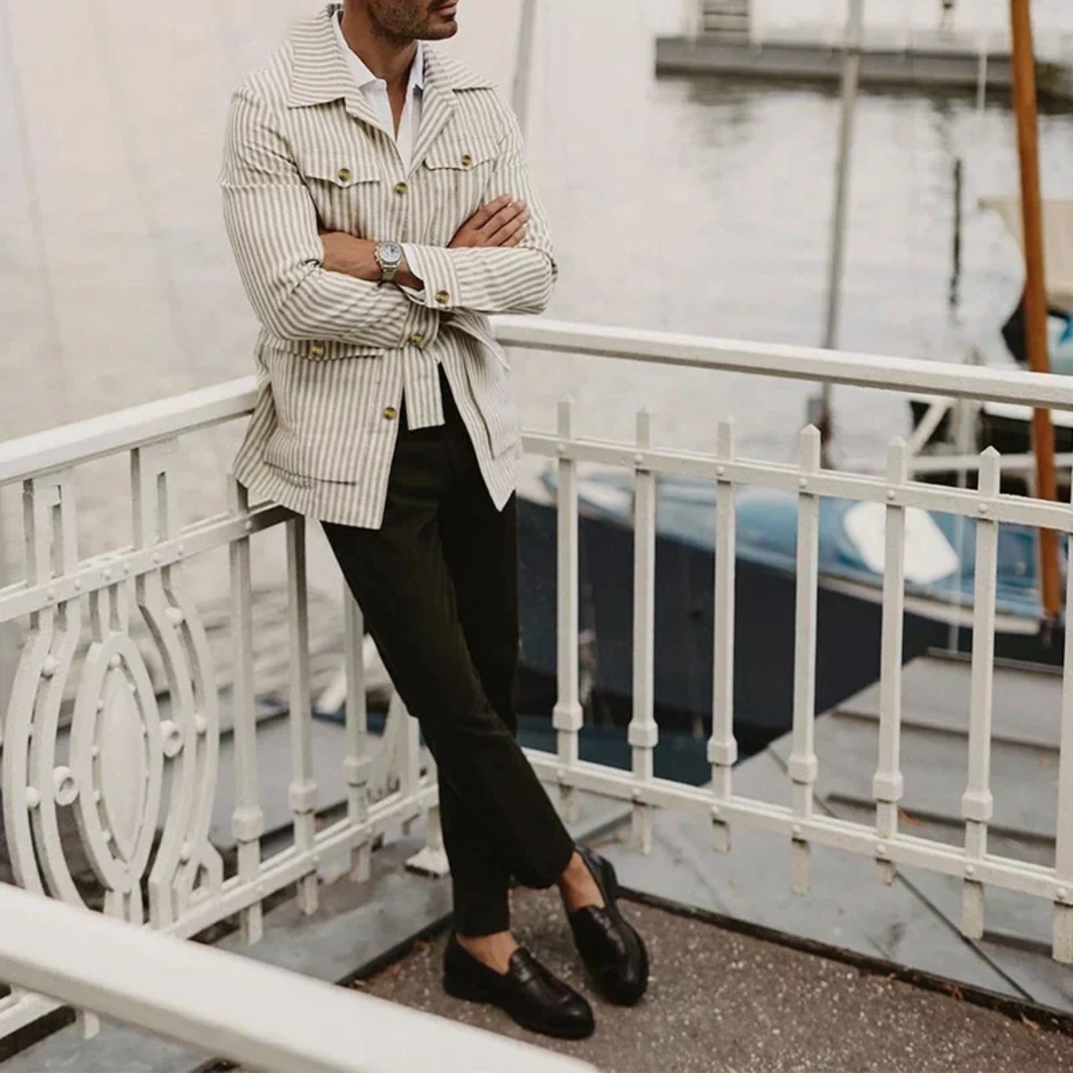 Kai | Men's Casual Striped Linen Shirt Cream Long Sleeve