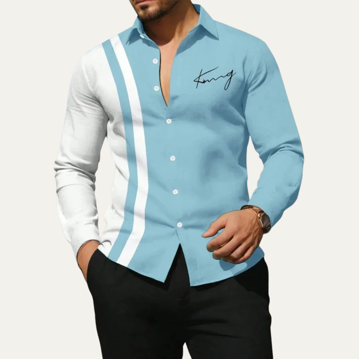 Axel | Men's Button Up Shirt White Navy Colorblock Stripe